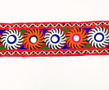 Black Cotton Fabric Trim with Multicolor Embroidery and Real Mirror, Kutch Embroidery Trim, Mirror Lace